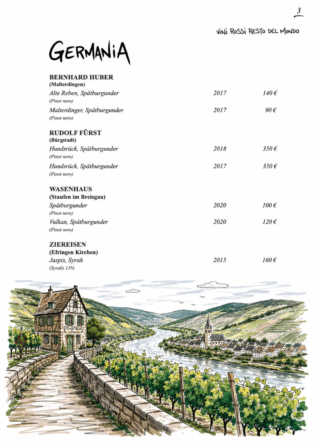 Pagina vini con prezzi e illustrazione di un vigneto
